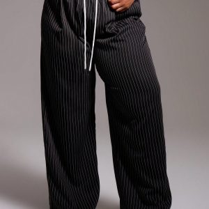 MUSERA Plus Size Woven Pinstripe Drawstring Waist Trousers