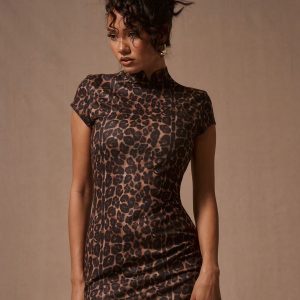 MUSERA High Neck Corset Leopard Print Dress