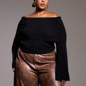 MUSERA Plus Size Knitted Off The Shoulder Bardot Long Sleeve Jumper