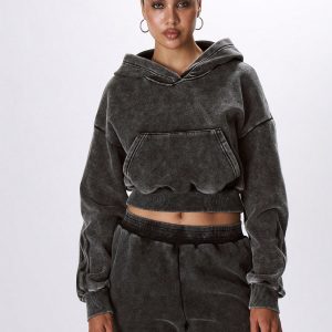 MUSERA Cropped Hooded Acid Wash Sweatshirt